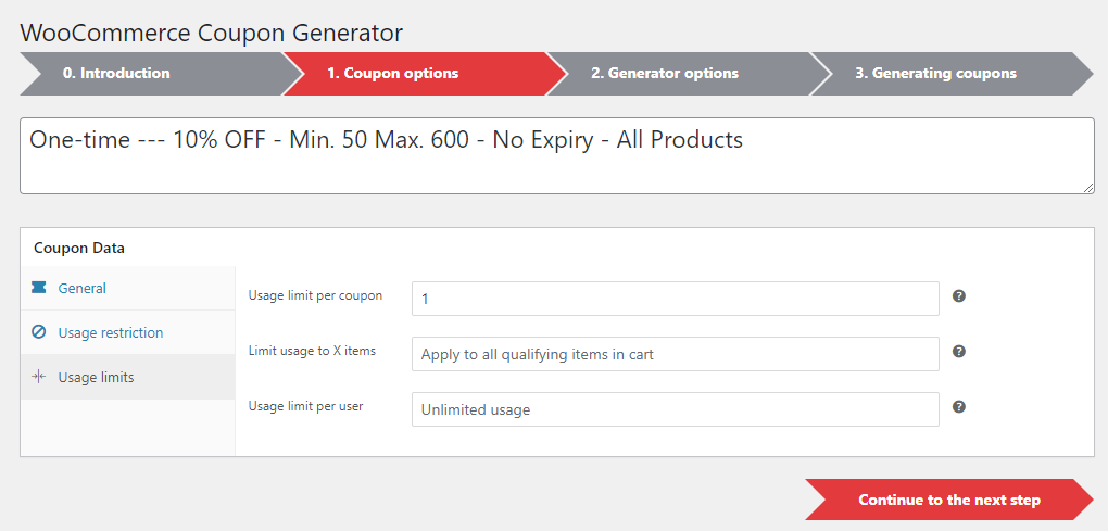 Coupon Generator for WooCommerce Plugin - Usage limit